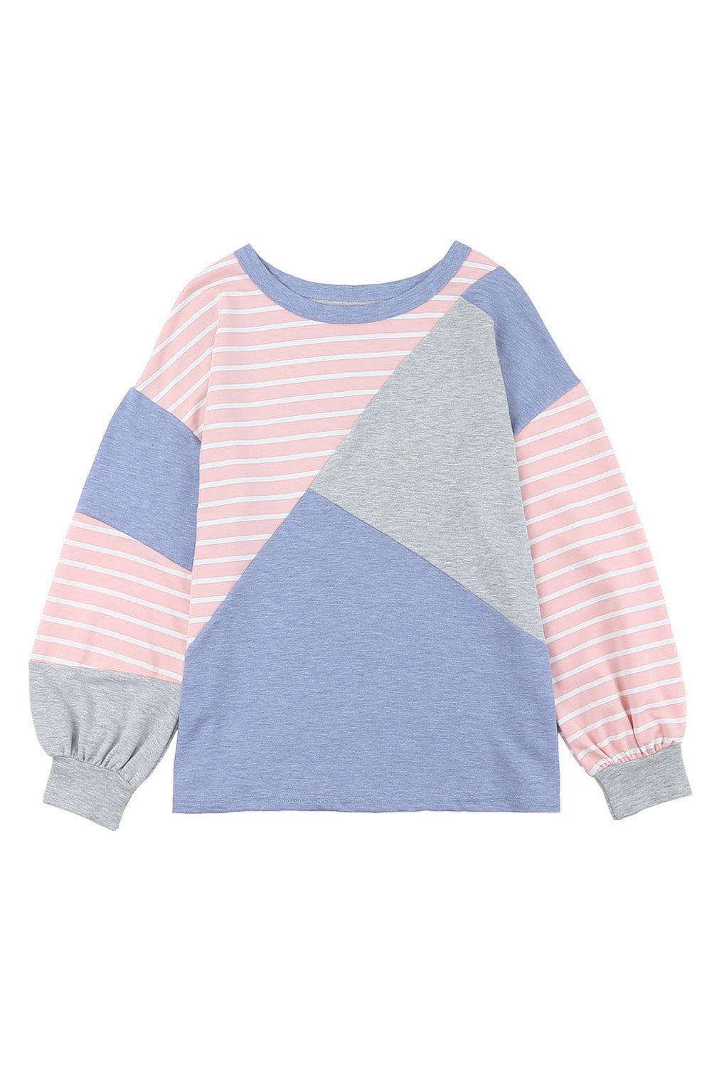 Sky Blue Striped Patchwork Color Block Long Sleeve Top featuring a stylish design with long sleeves and a trendy color block pattern.