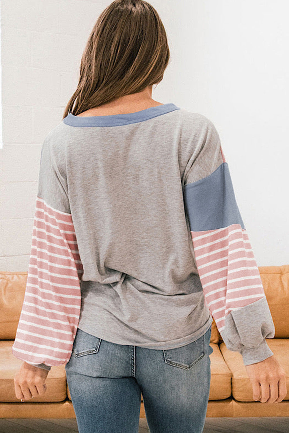 Sky Blue Striped Patchwork Color Block Long Sleeve Top featuring a stylish design with long sleeves and a trendy color block pattern.