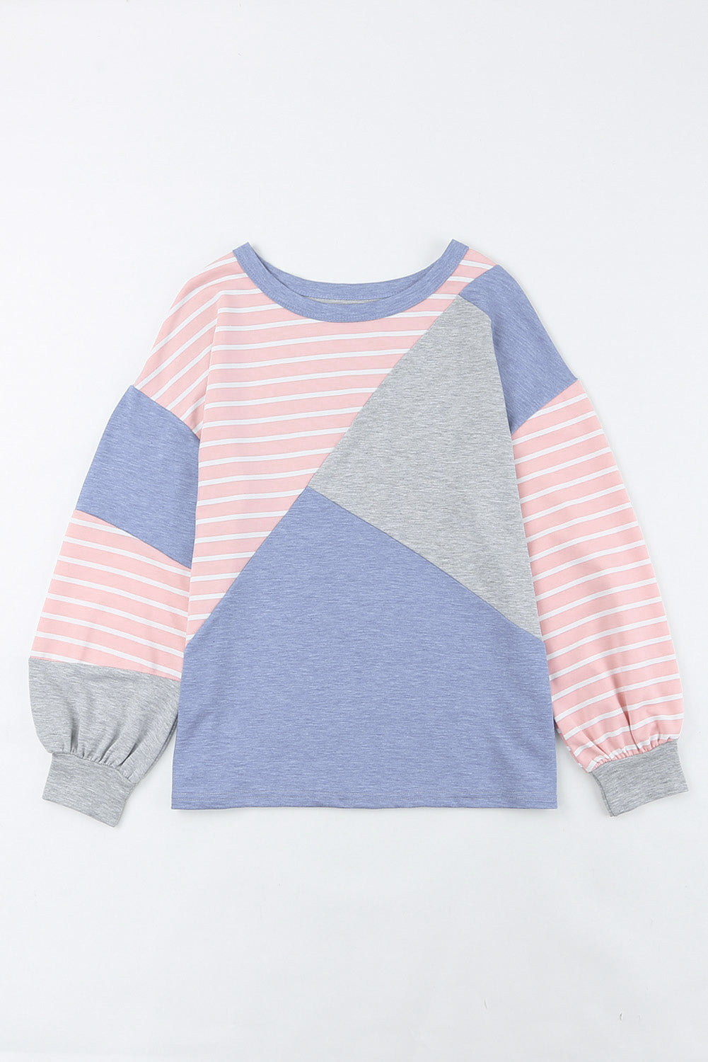 Sky Blue Striped Patchwork Color Block Long Sleeve Top featuring a stylish design with long sleeves and a trendy color block pattern.