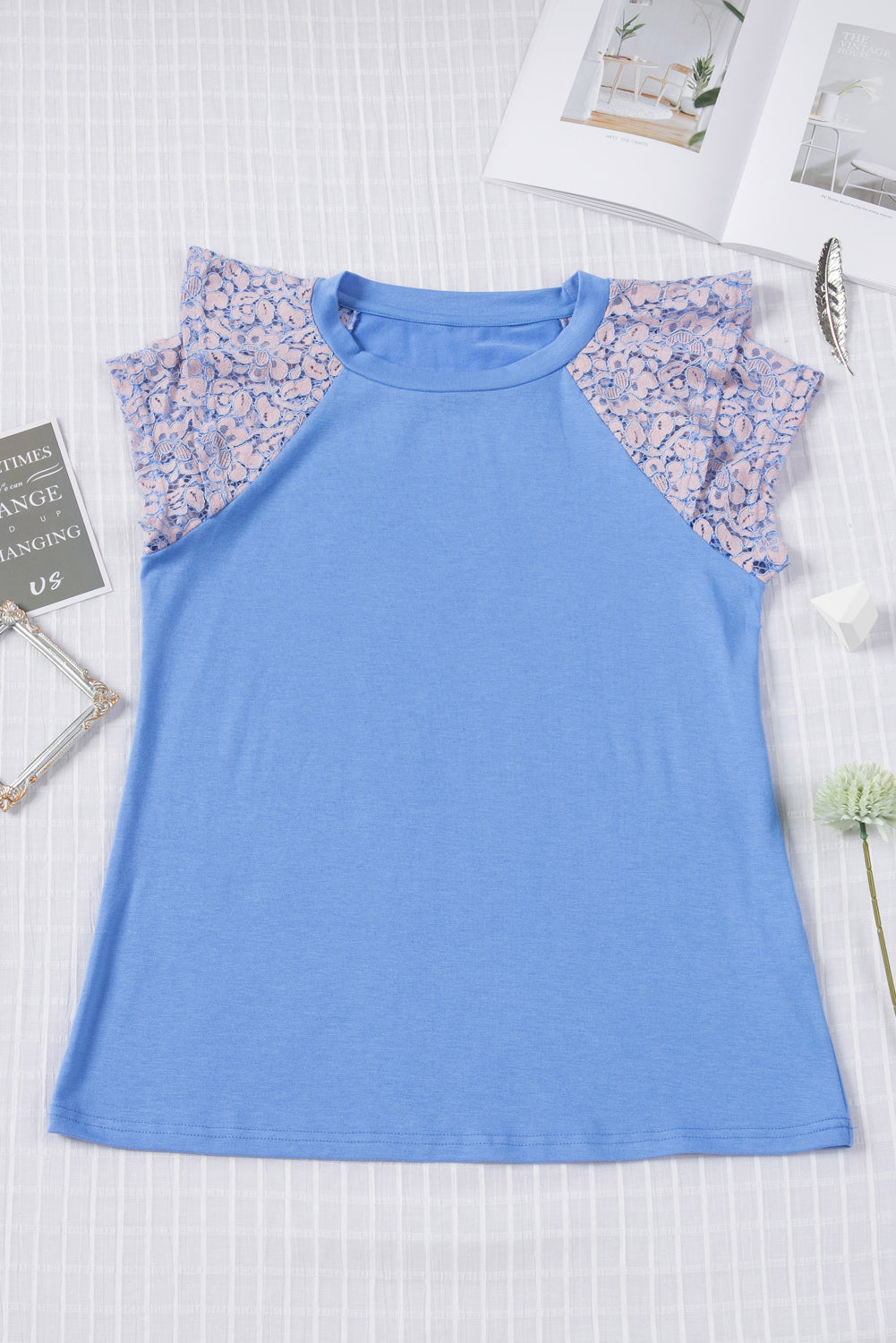 Sky Blue Tiered Lace Sleeve Knit Top featuring elegant lace splicing and a comfortable crew neck design.