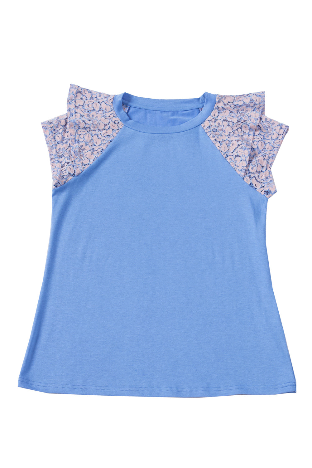 Sky Blue Tiered Lace Sleeve Knit Top featuring elegant lace splicing and a comfortable crew neck design.