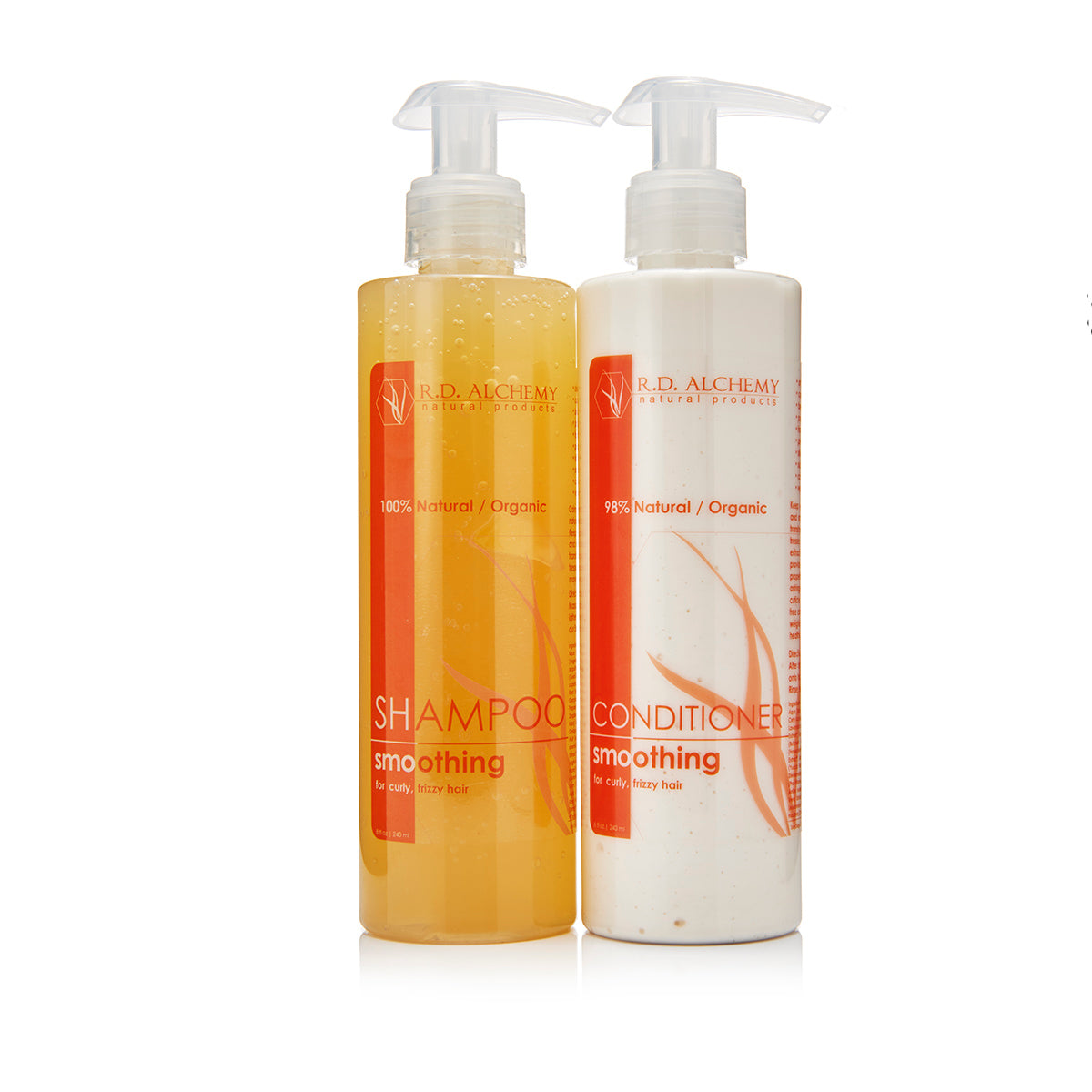 Smoothing Shampoo and Conditioner Set with sleek packaging, designed for frizzy and curly hair, promoting smooth and shiny locks.
