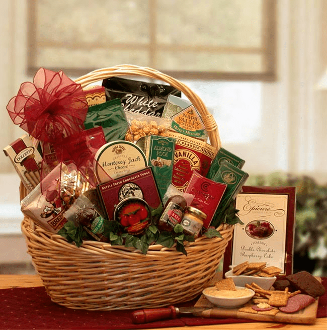 A beautifully arranged Snack Attack Snack Gift Basket filled with assorted sweet and savory snacks, including popcorn, cookies, and meats.
