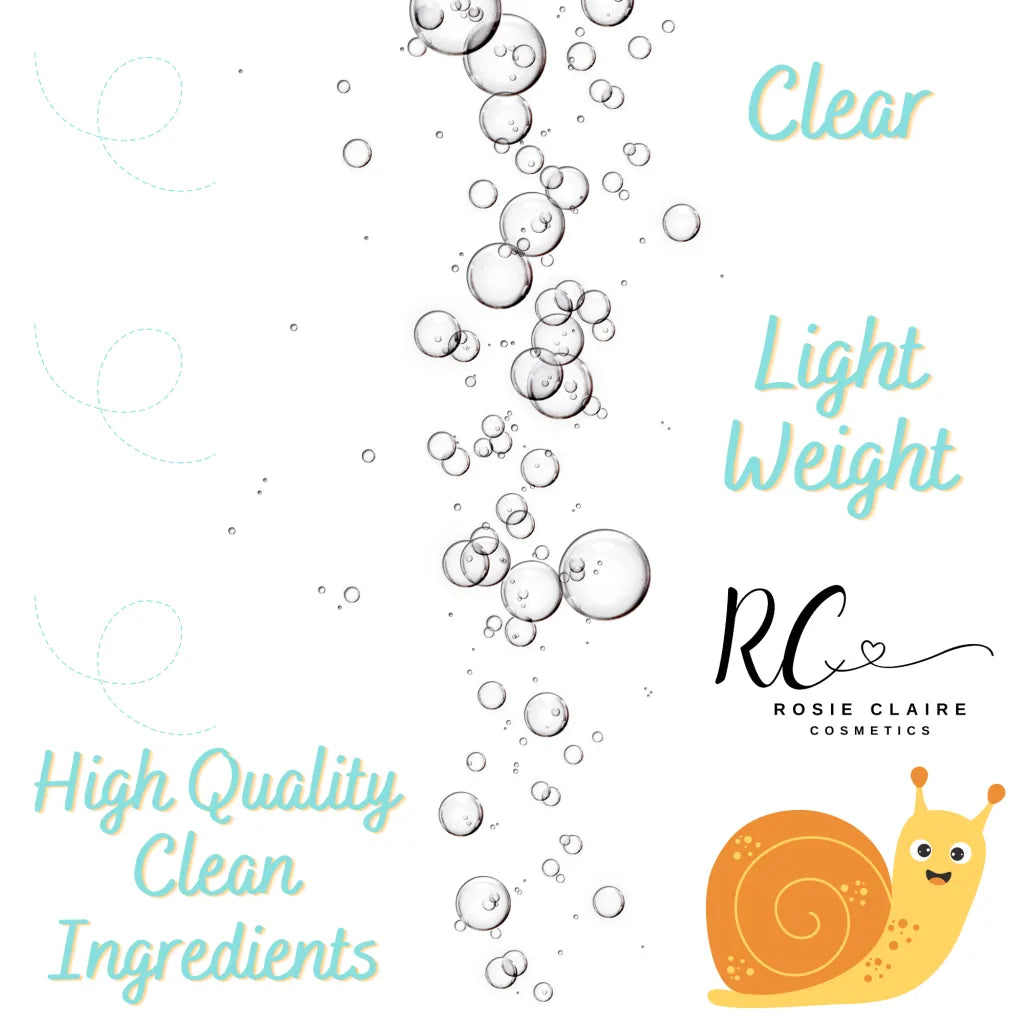 A bottle of Rosie Claire Cosmetics Snail Mucin Serum with Vitamin C & E, showcasing its elegant design and natural ingredients.