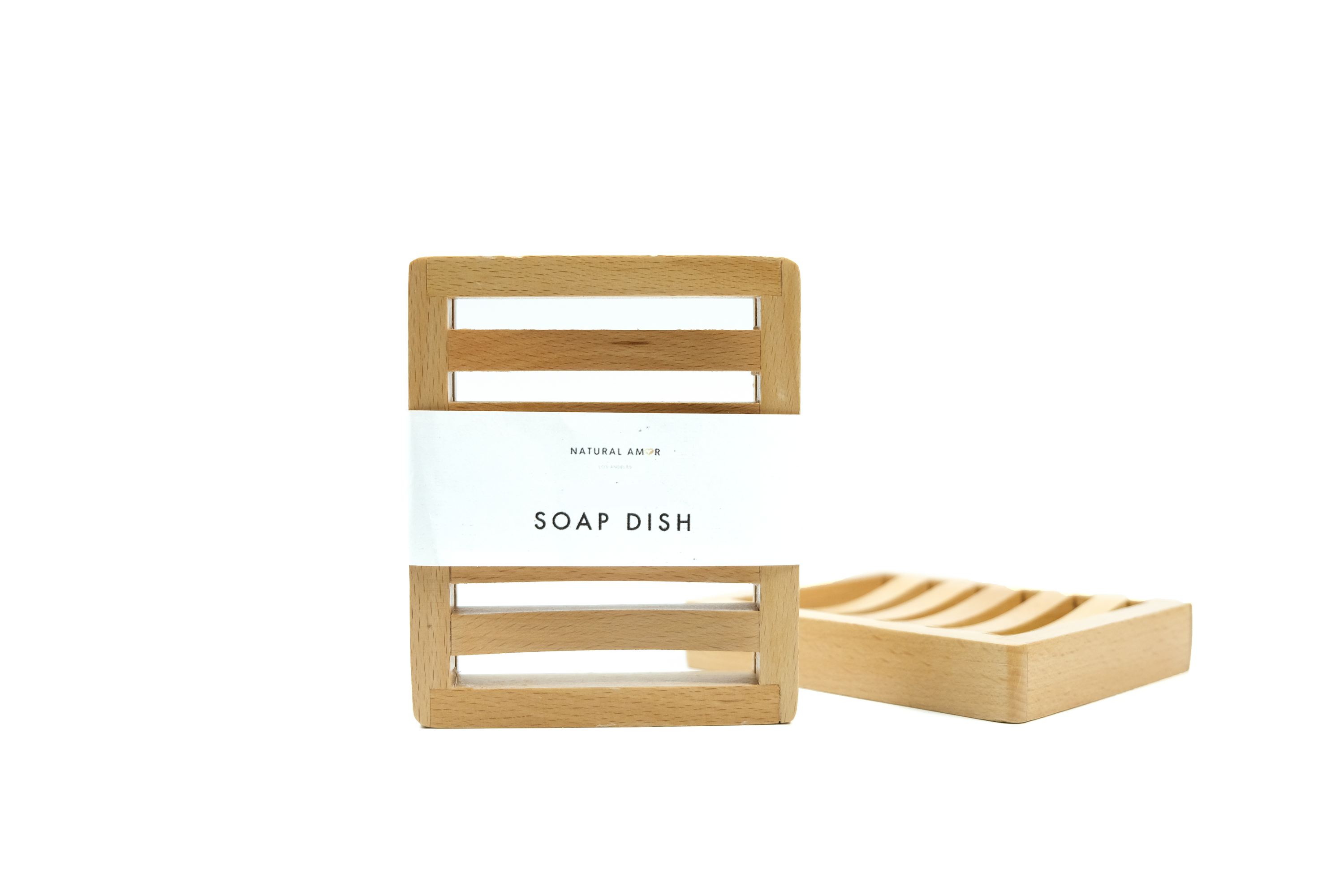 Natural wood soap dish designed to keep soap dry, featuring drainage holes and a sleek finish.
