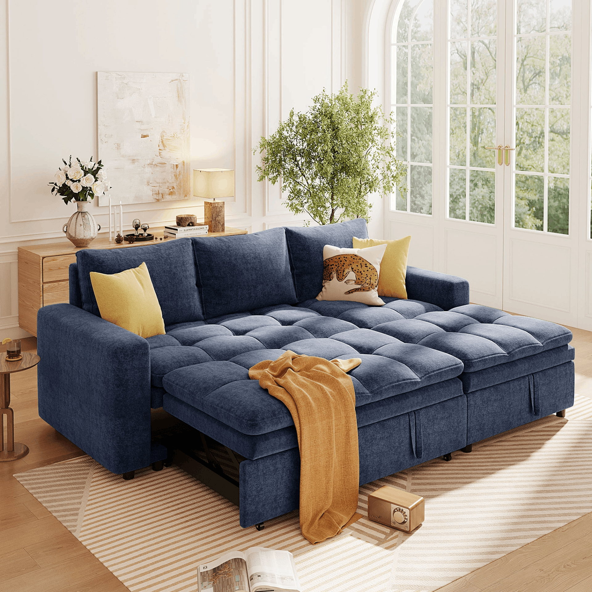 Soft Upholstered Sectional Sofa Bed in blue with storage space, showcasing its modern design and comfortable seating.