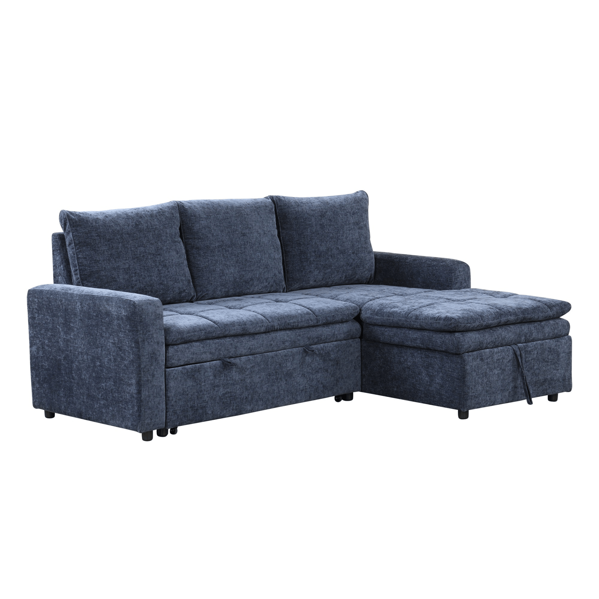 Soft Upholstered Sectional Sofa Bed in blue with storage space, showcasing its modern design and comfortable seating.