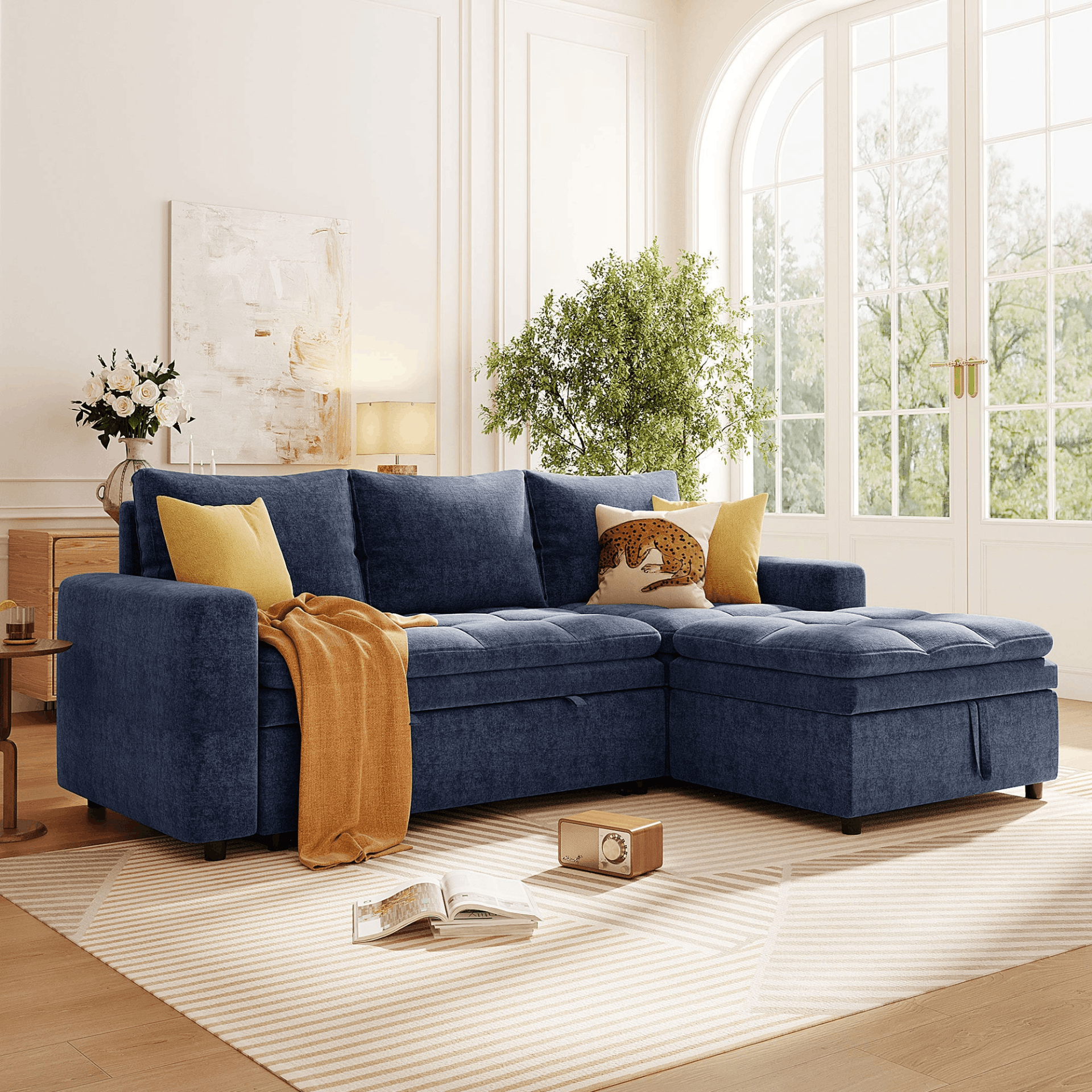 Soft Upholstered Sectional Sofa Bed in blue with storage space, showcasing its modern design and comfortable seating.