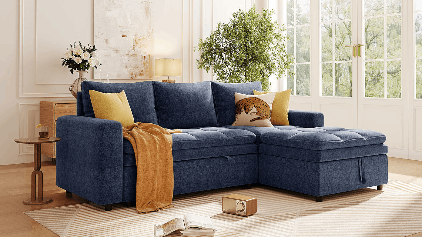 Soft Upholstered Sectional Sofa Bed in blue with storage space, showcasing its modern design and comfortable seating.