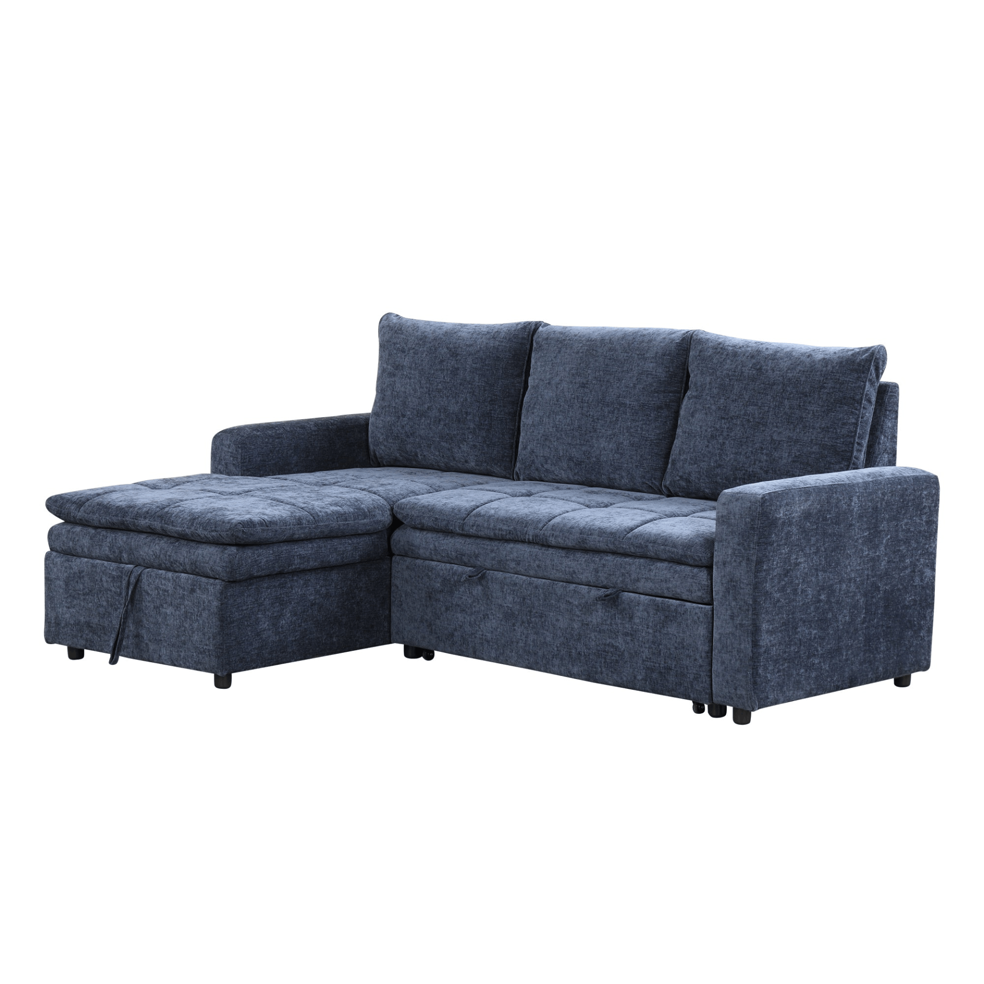 Soft Upholstered Sectional Sofa Bed in blue with storage space, showcasing its modern design and comfortable seating.