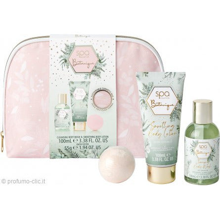 Spa Botanique Cosmetic Bag Gift Set featuring body lotion, body wash, bath fizzer, and recycled fabric bag.