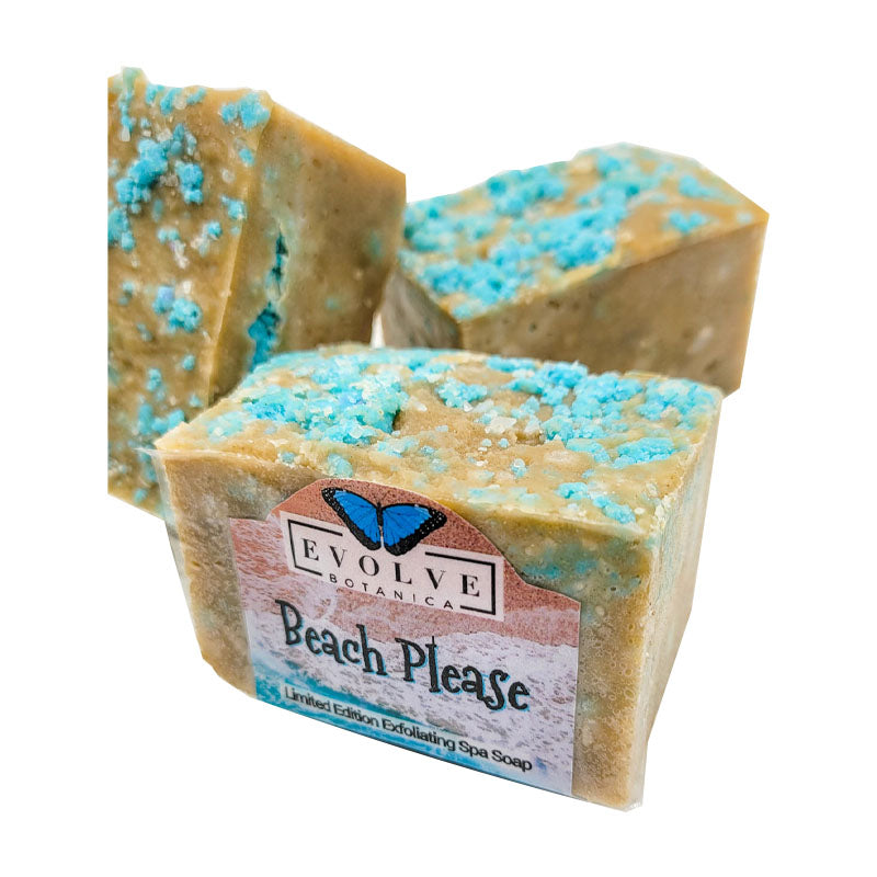 Beach Please Specialty Soap bar with sea glass salt and rhassoul clay, packaged in eco-friendly film.