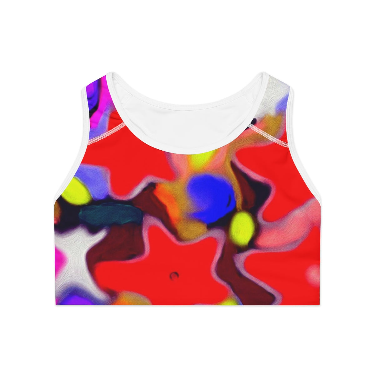 A stylish sports bra featuring an all-over print design, showcasing its comfortable fit and moisture-wicking fabric, perfect for workouts.