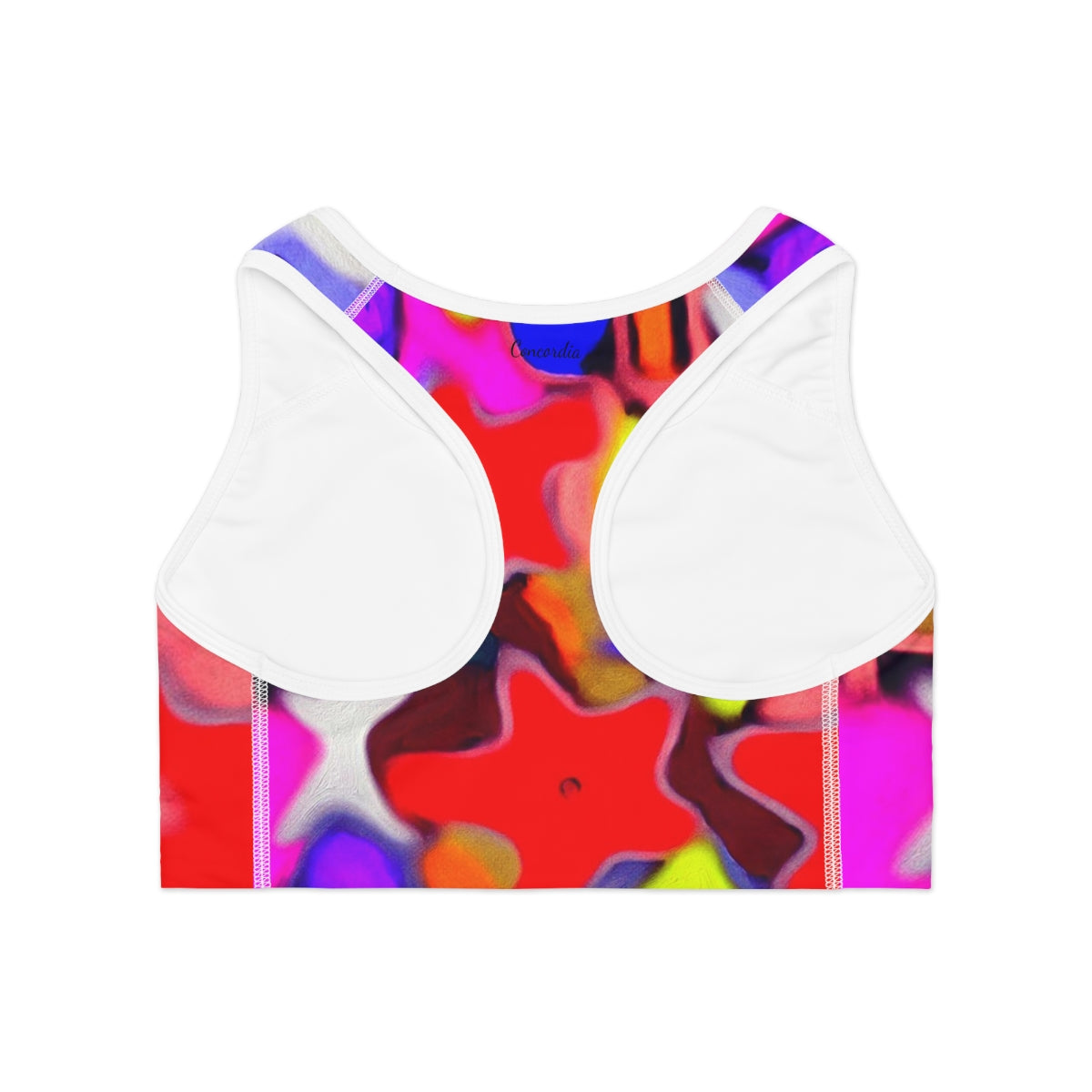 A stylish sports bra featuring an all-over print design, showcasing its comfortable fit and moisture-wicking fabric, perfect for workouts.