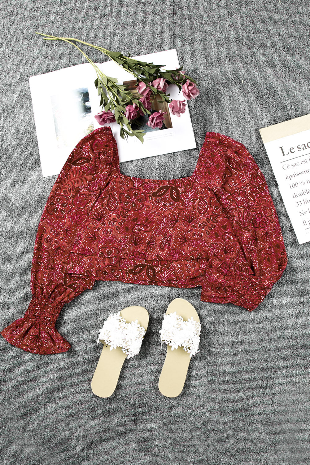 A stylish Square Neck Floral Crop Blouse featuring a square neckline, ruffled puff sleeves, and a vibrant floral print, perfect for chic outfits.