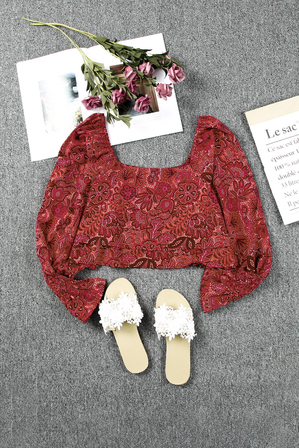 A stylish Square Neck Floral Crop Blouse featuring a square neckline, ruffled puff sleeves, and a vibrant floral print, perfect for chic outfits.