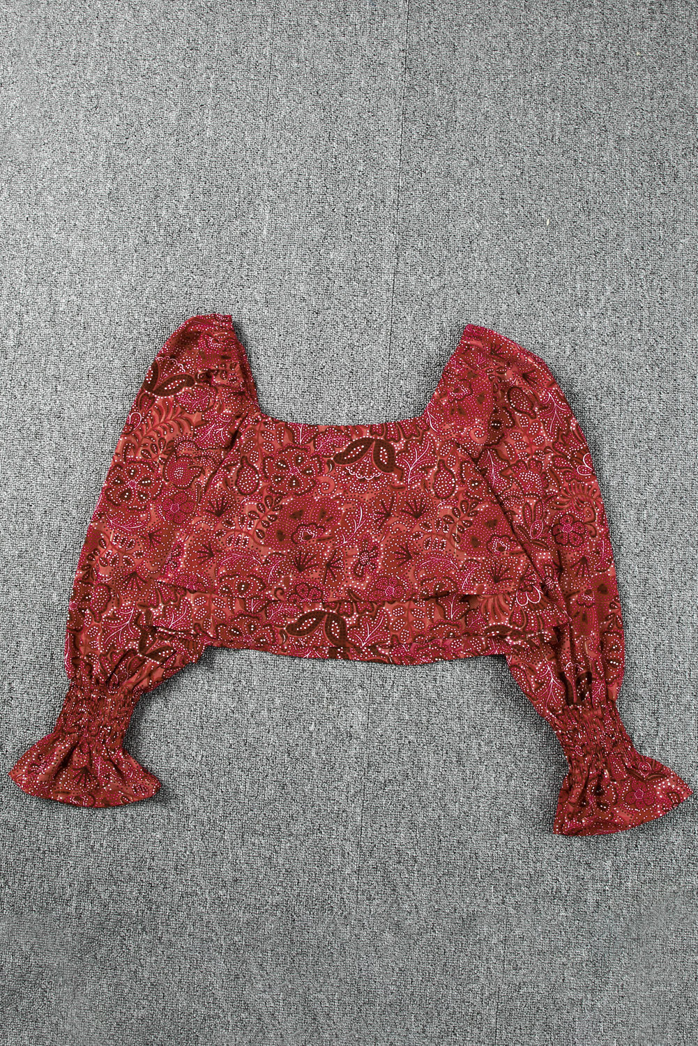 A stylish Square Neck Floral Crop Blouse featuring a square neckline, ruffled puff sleeves, and a vibrant floral print, perfect for chic outfits.