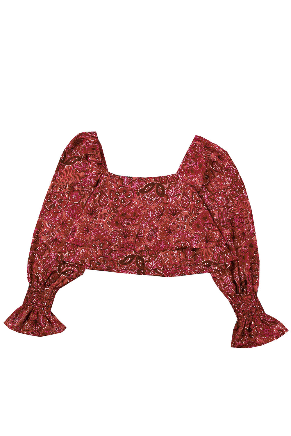 A stylish Square Neck Floral Crop Blouse featuring a square neckline, ruffled puff sleeves, and a vibrant floral print, perfect for chic outfits.