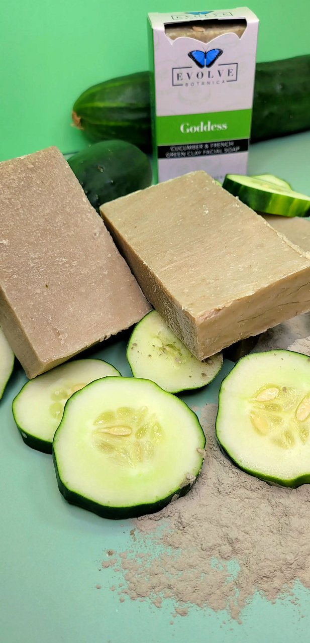 Goddess Cucumber & French Green Clay Facial Soap bar with natural ingredients, showcasing its creamy texture and fresh cucumber slices.
