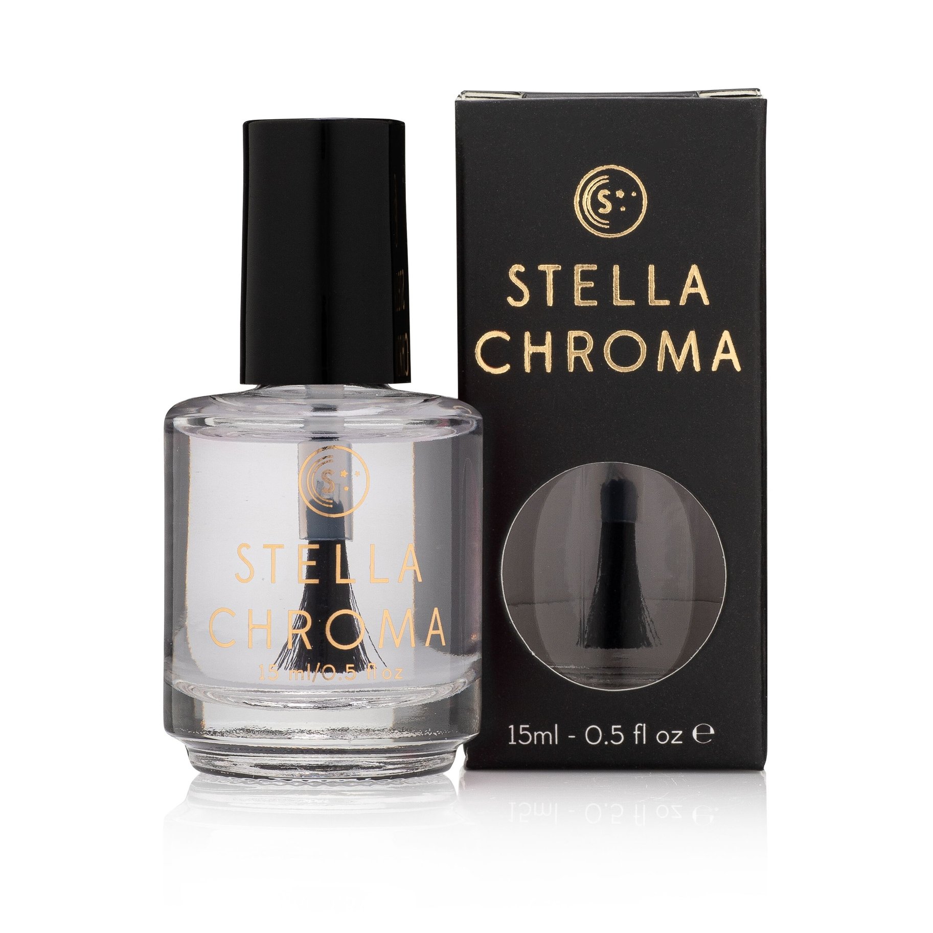 Stella Chroma Fast Fingers Quick Dry Top Coat in a 15 mL bottle, showcasing its sleek design and eco-friendly branding.