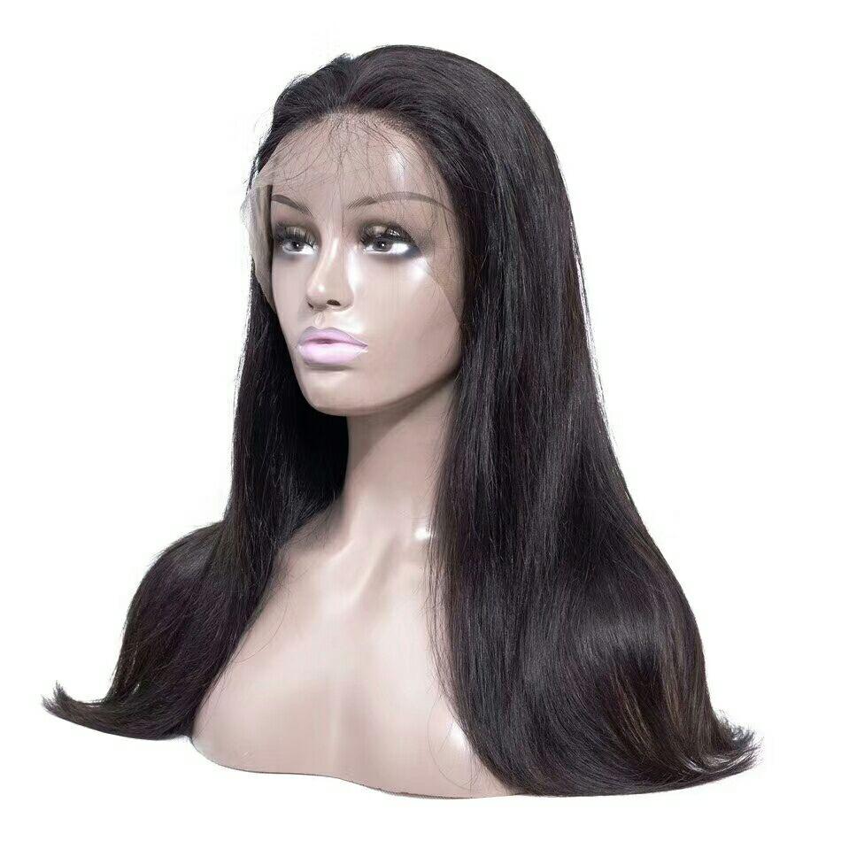 Straight Hair 13x6 Transparent Lace Frontal Brazilian Human Hair Wig displayed on a mannequin, showcasing its sleek texture and natural black color.