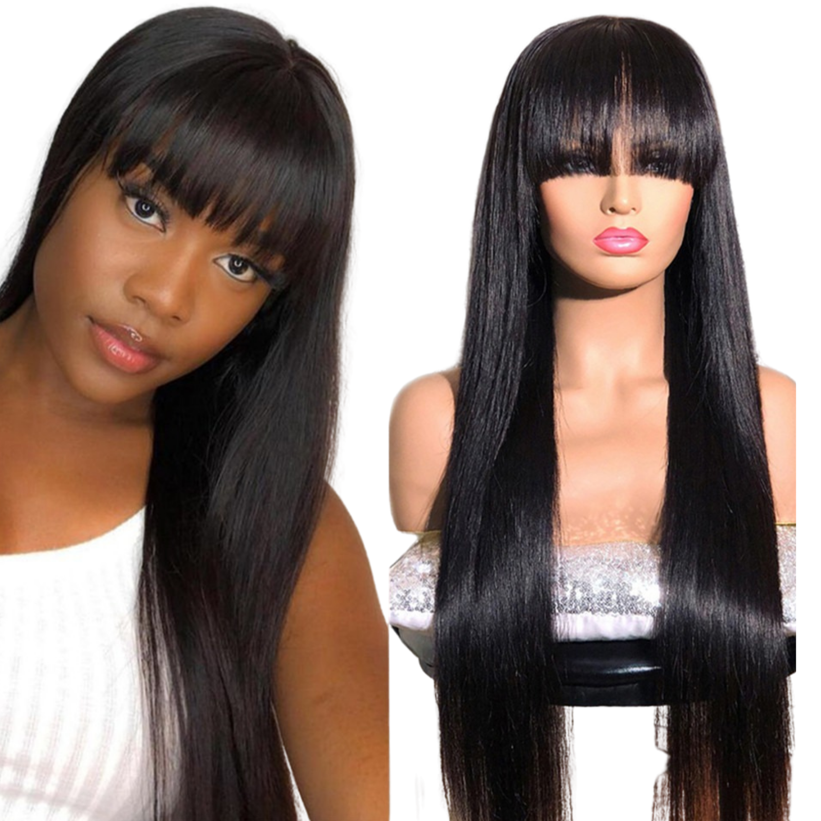 Straight human hair wig with bangs, made from Brazilian Remy hair, showcasing a natural black color and sleek texture.