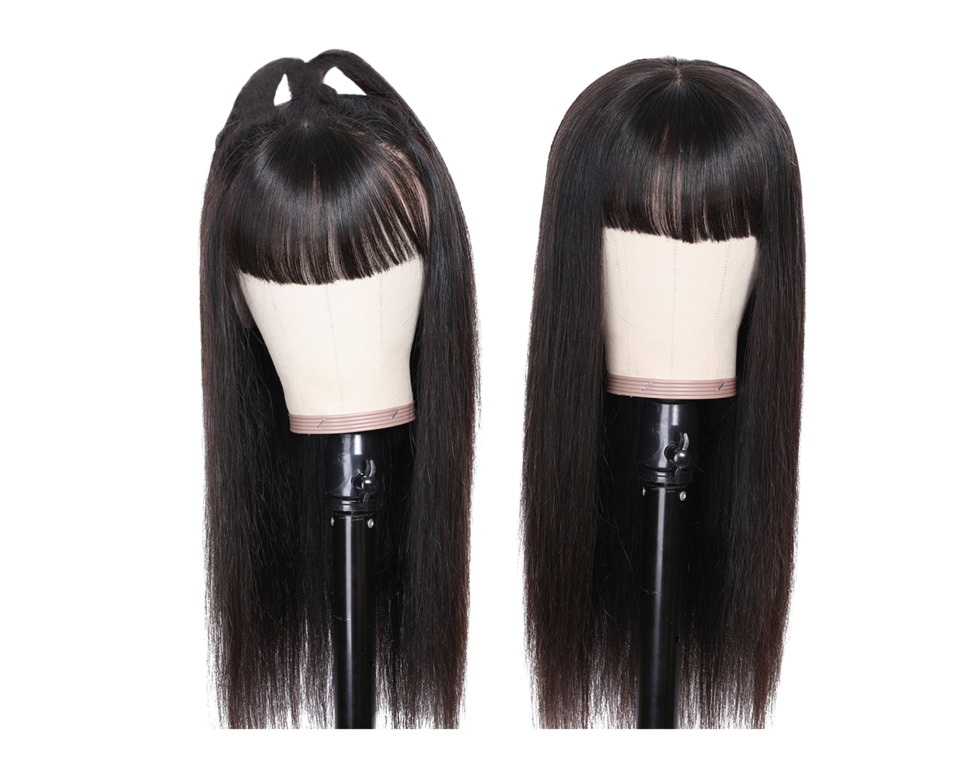 Straight human hair wig with bangs, made from Brazilian Remy hair, showcasing a natural black color and sleek texture.