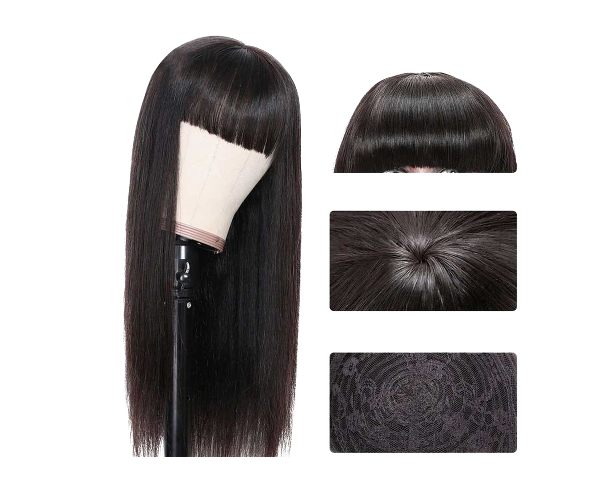 Straight human hair wig with bangs, made from Brazilian Remy hair, showcasing a natural black color and sleek texture.