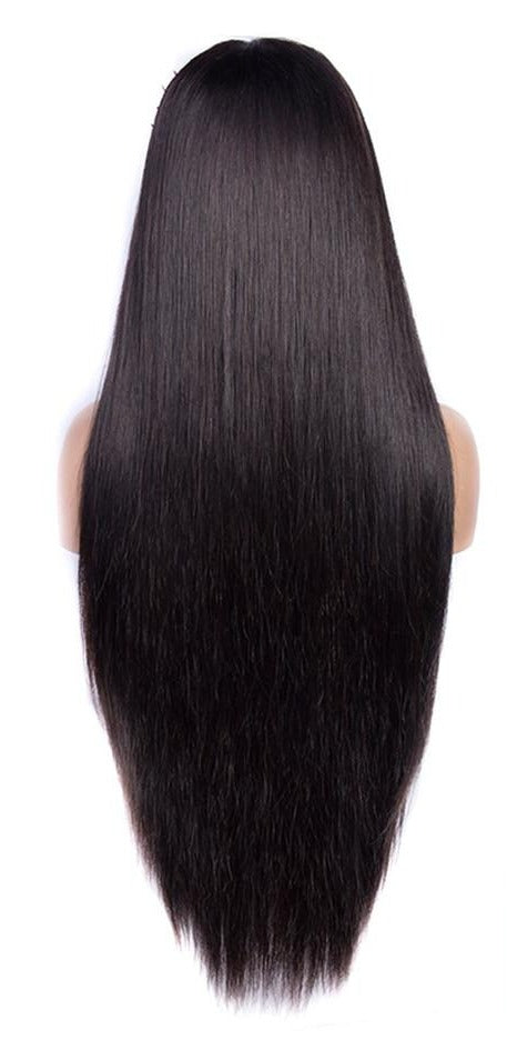 Straight human hair wig with bangs, made from Brazilian Remy hair, showcasing a natural black color and sleek texture.
