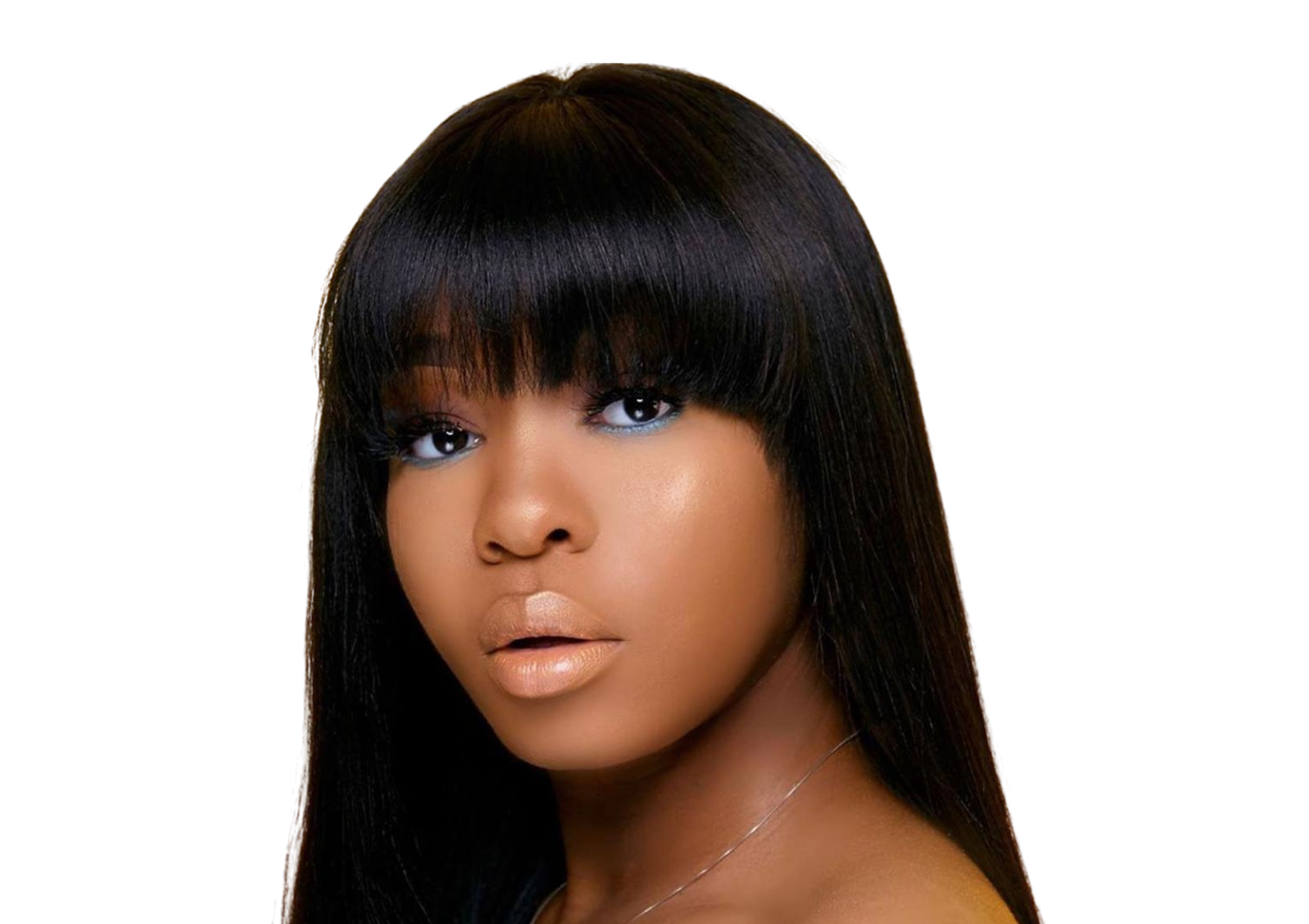 Straight human hair wig with bangs, made from Brazilian Remy hair, showcasing a natural black color and sleek texture.