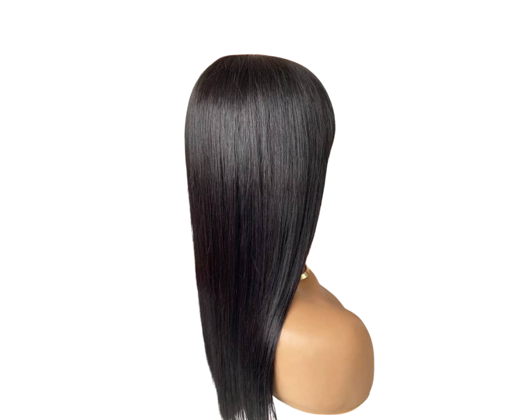Straight human hair wig with bangs, made from Brazilian Remy hair, showcasing a natural black color and sleek texture.