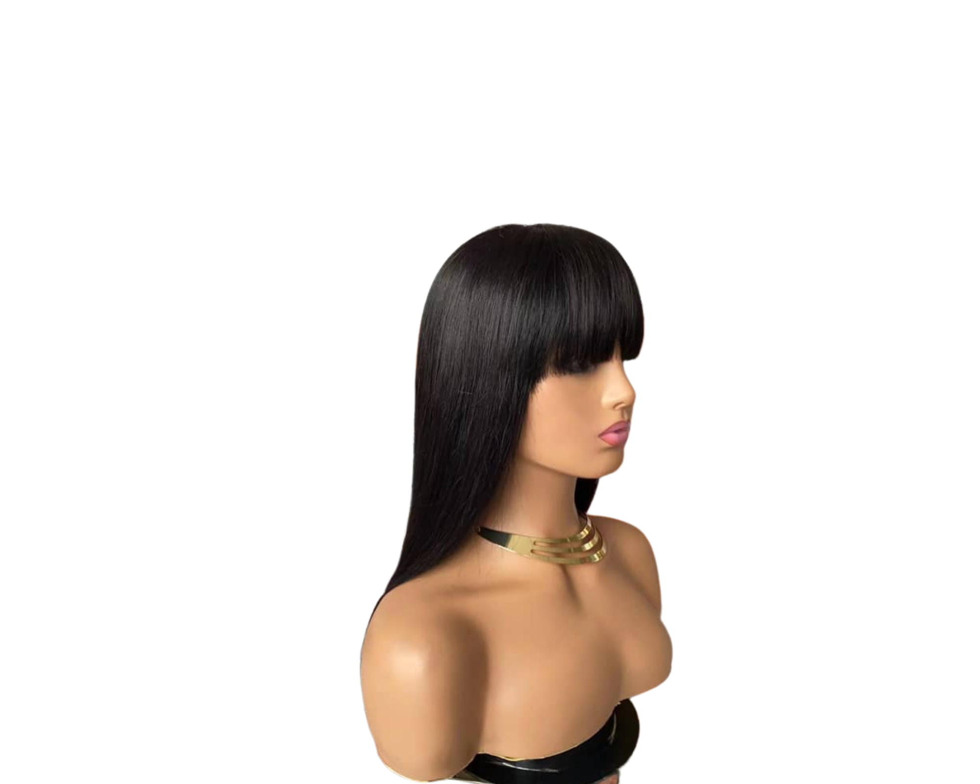 Straight human hair wig with bangs, made from Brazilian Remy hair, showcasing a natural black color and sleek texture.