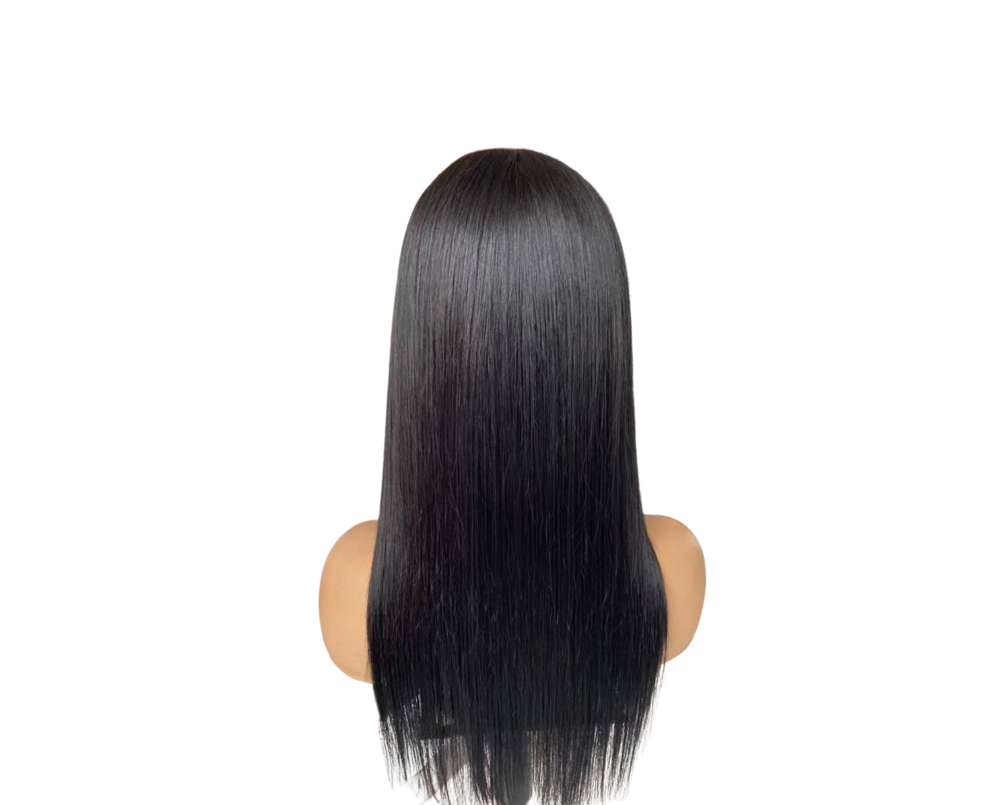 Straight human hair wig with bangs, made from Brazilian Remy hair, showcasing a natural black color and sleek texture.