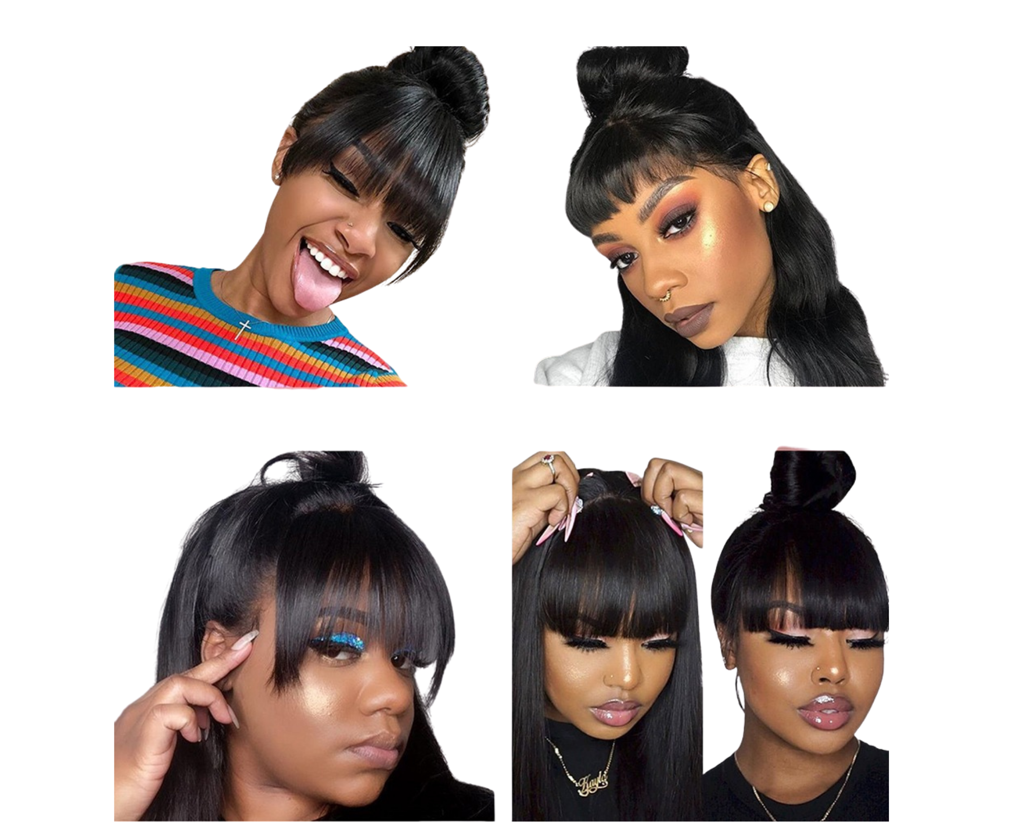 Straight human hair wig with bangs, made from Brazilian Remy hair, showcasing a natural black color and sleek texture.