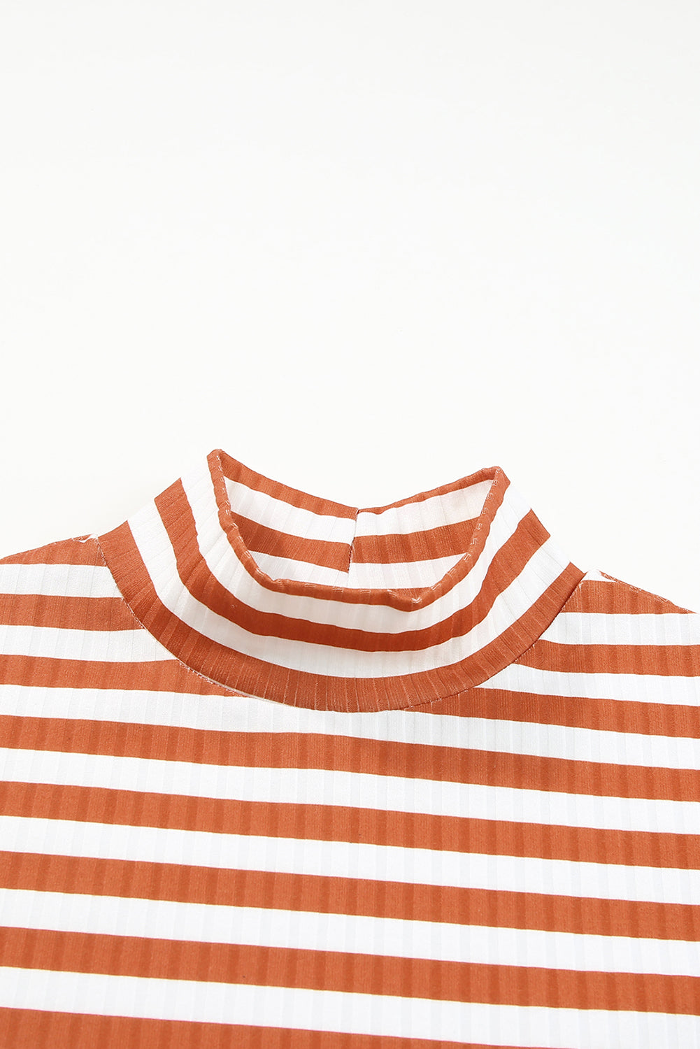 Strawberry pink striped long sleeve tee with textured knit fabric and high neck design, perfect for stylish layering.
