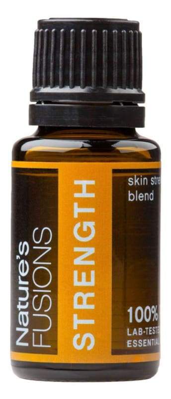 15ml bottle of Strength Protective/Immunity Blend Pure Essential Oil featuring lemongrass, cinnamon, thyme, and lemon ingredients.