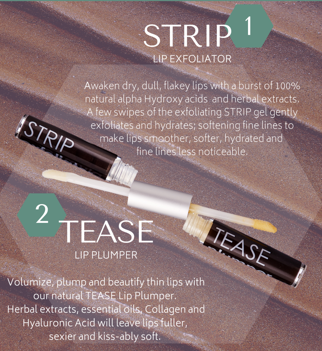 Strip - Tease Lip Exfoliator & Plumper in a stylish container, showcasing its natural ingredients and luxurious texture.