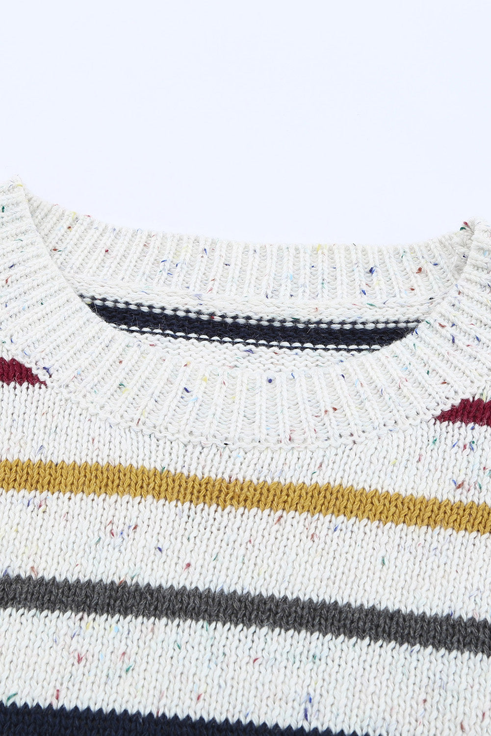 A stylish heathery grey knit sweater featuring colorful stripes, crew neck, and long drop sleeves, perfect for chilly weather.