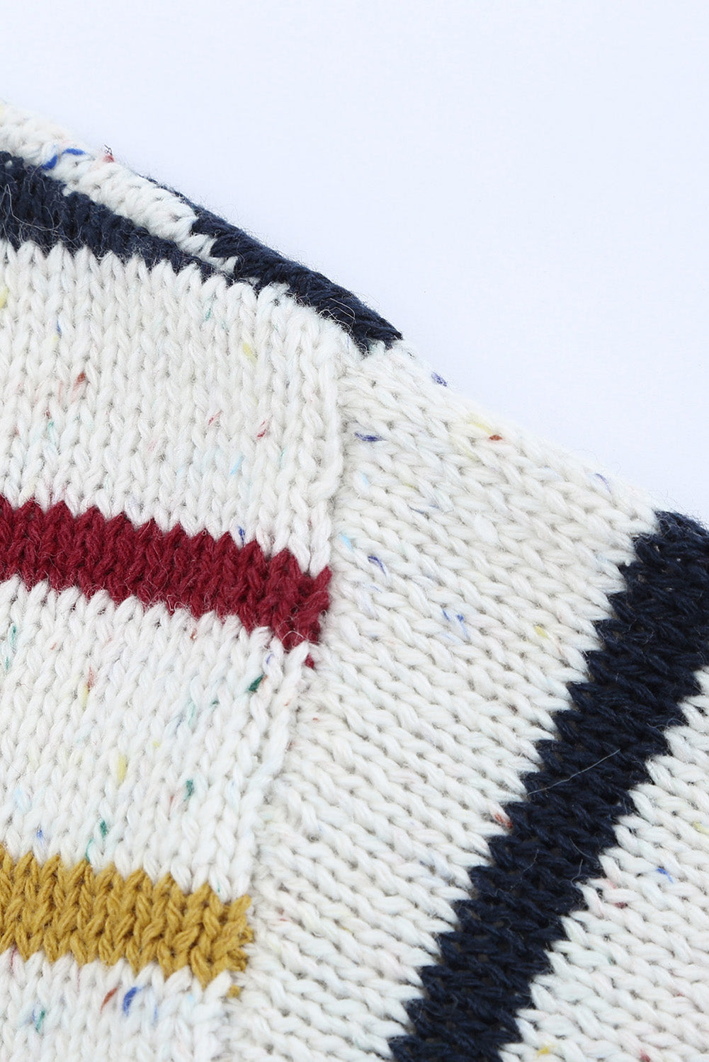 A stylish heathery grey knit sweater featuring colorful stripes, crew neck, and long drop sleeves, perfect for chilly weather.