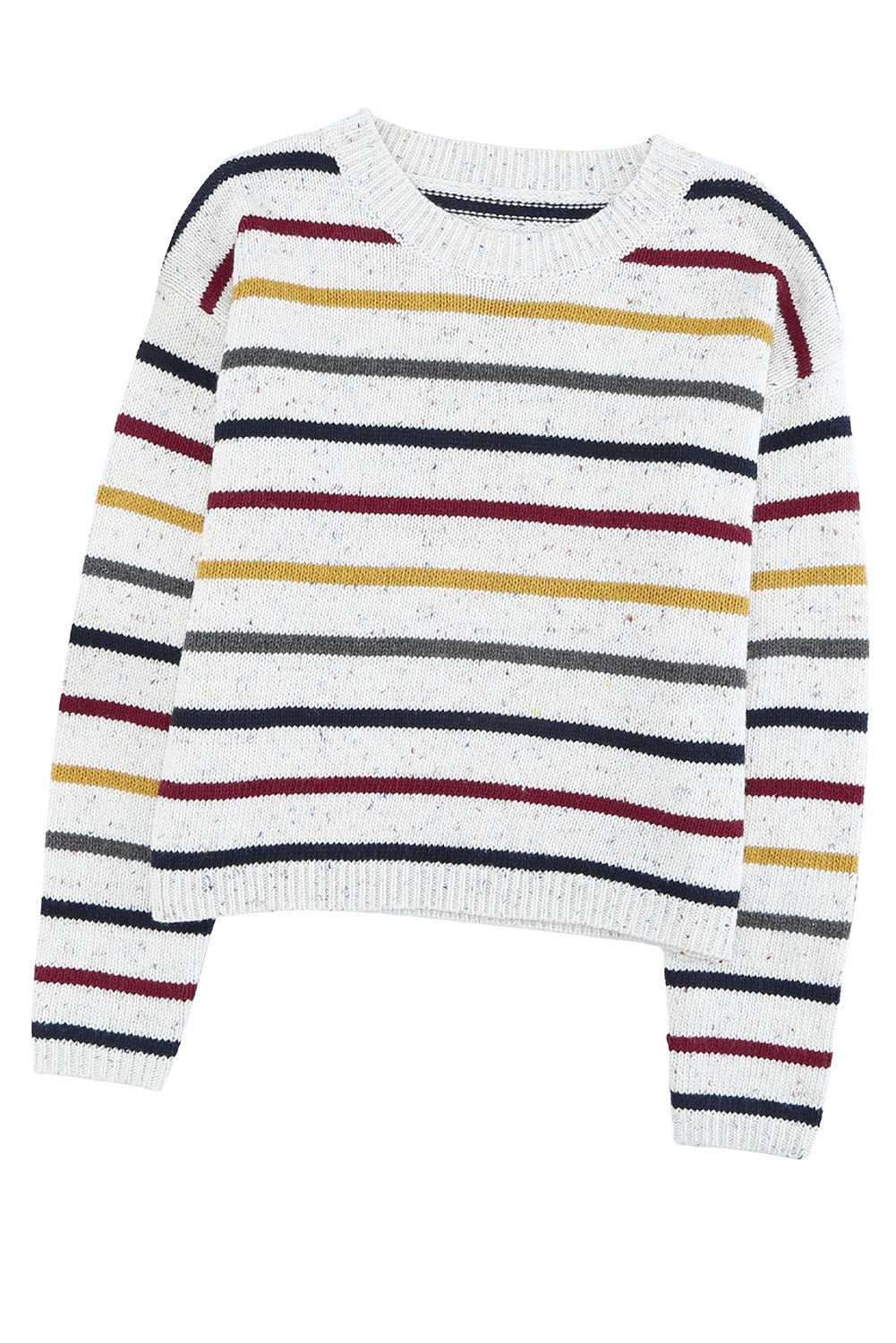 A stylish heathery grey knit sweater featuring colorful stripes, crew neck, and long drop sleeves, perfect for chilly weather.