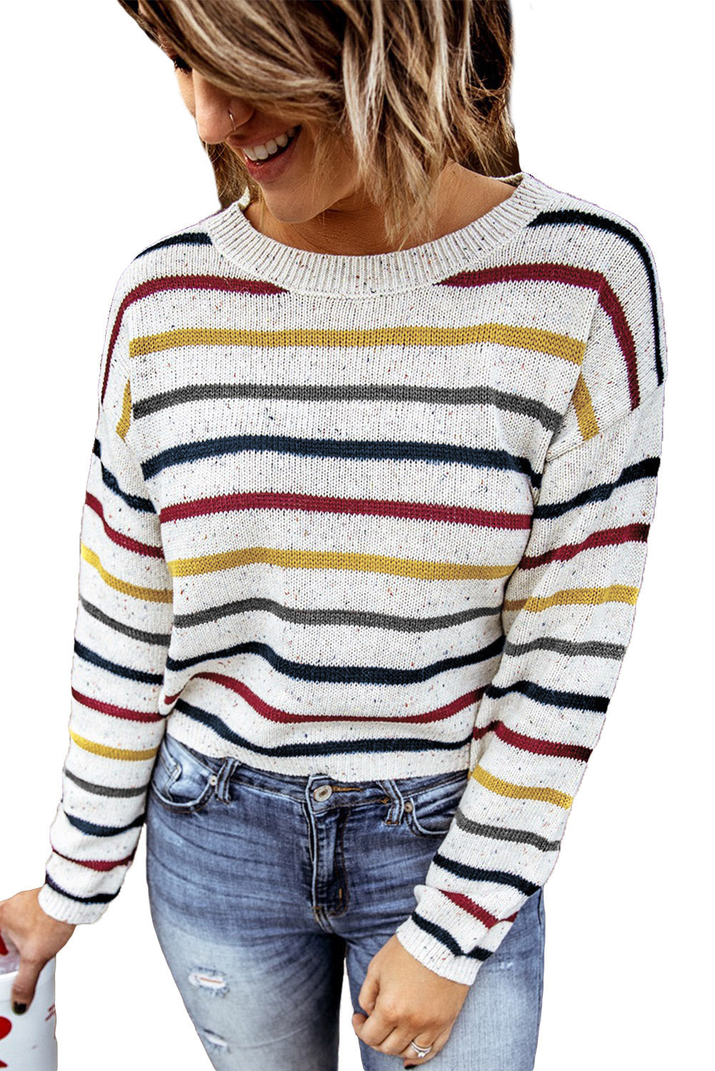 A stylish heathery grey knit sweater featuring colorful stripes, crew neck, and long drop sleeves, perfect for chilly weather.