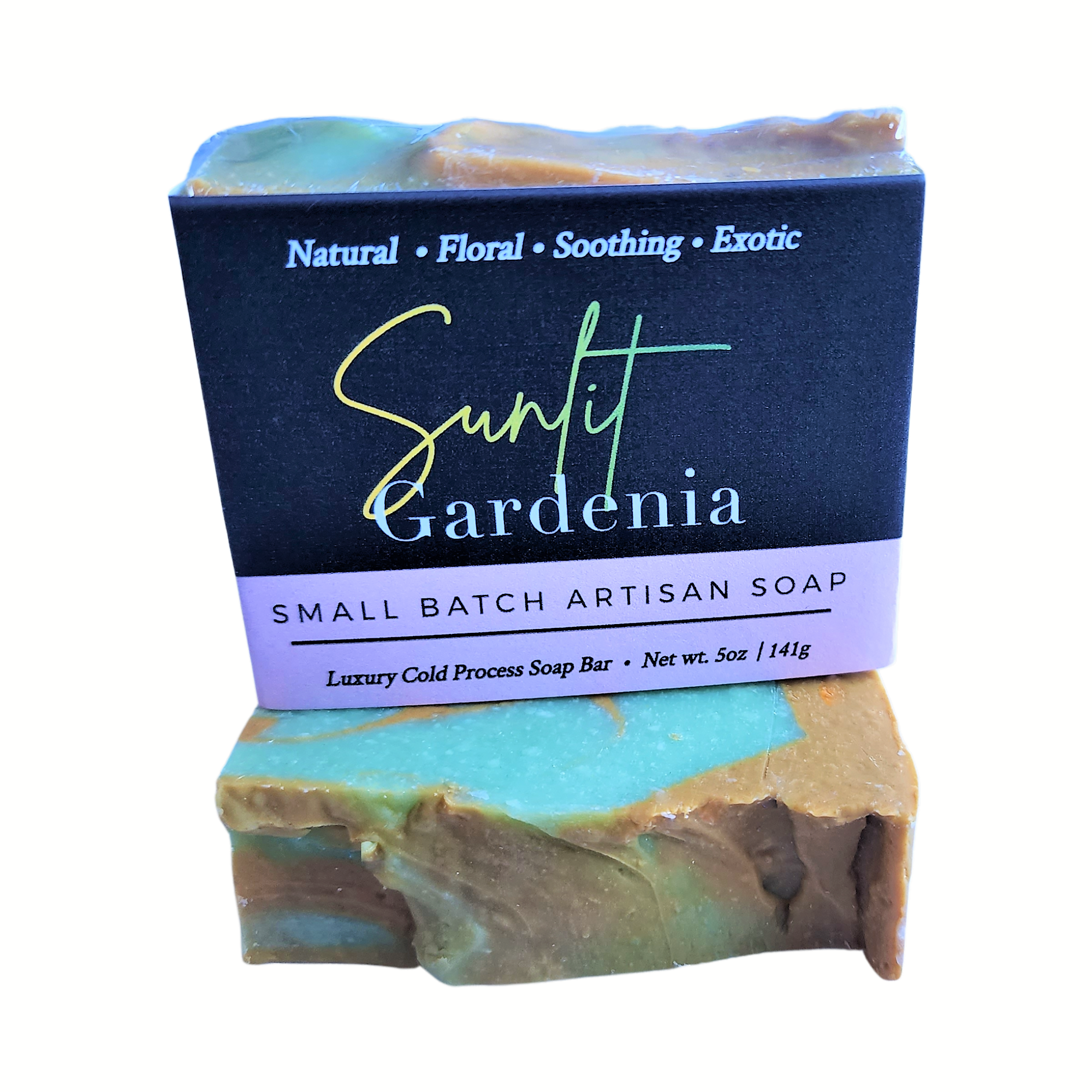 Sunlit Gardenia Soap bar with rich green, muted yellow, and white swirls, showcasing its handcrafted beauty and vegan ingredients.