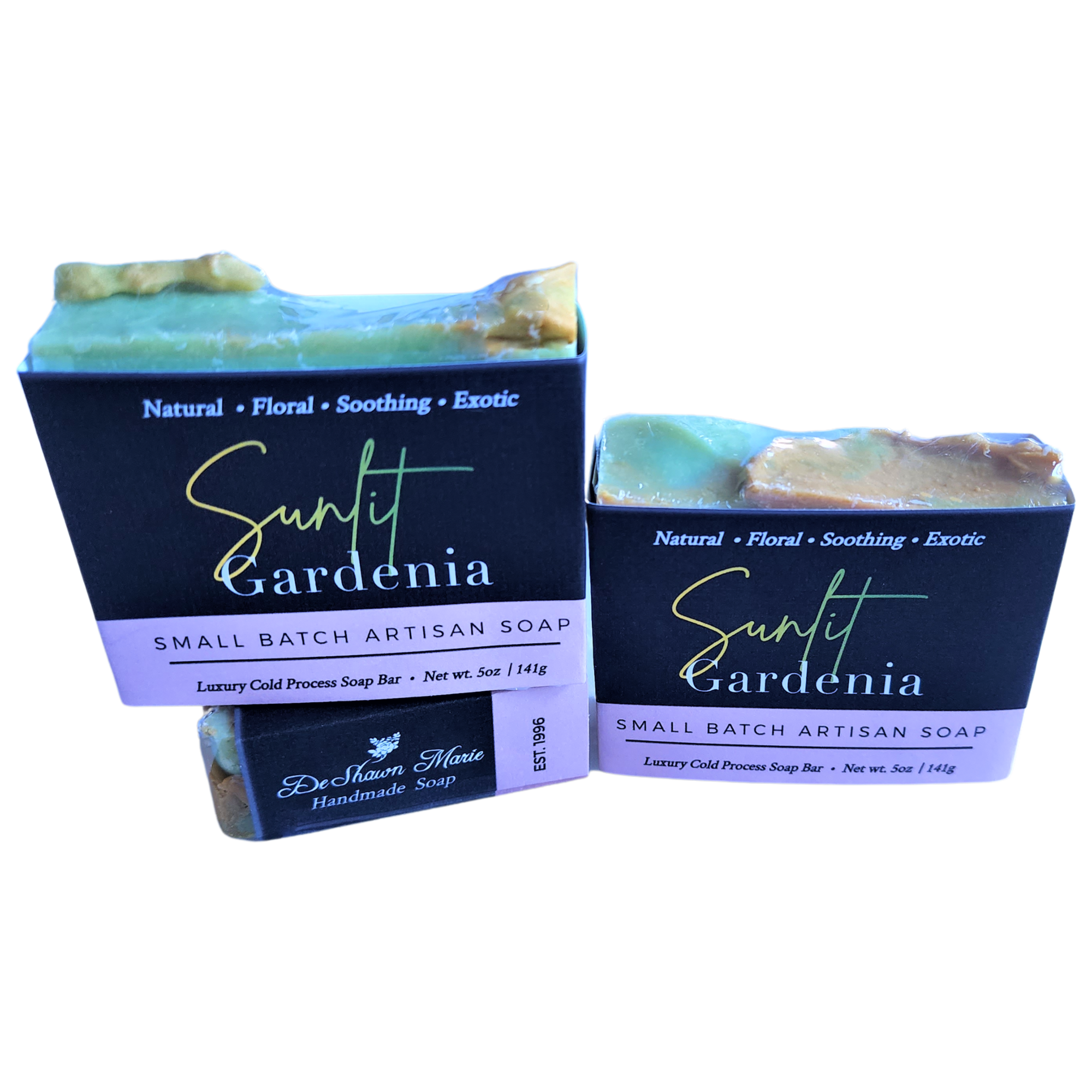 Sunlit Gardenia Soap bar with rich green, muted yellow, and white swirls, showcasing its handcrafted beauty and vegan ingredients.