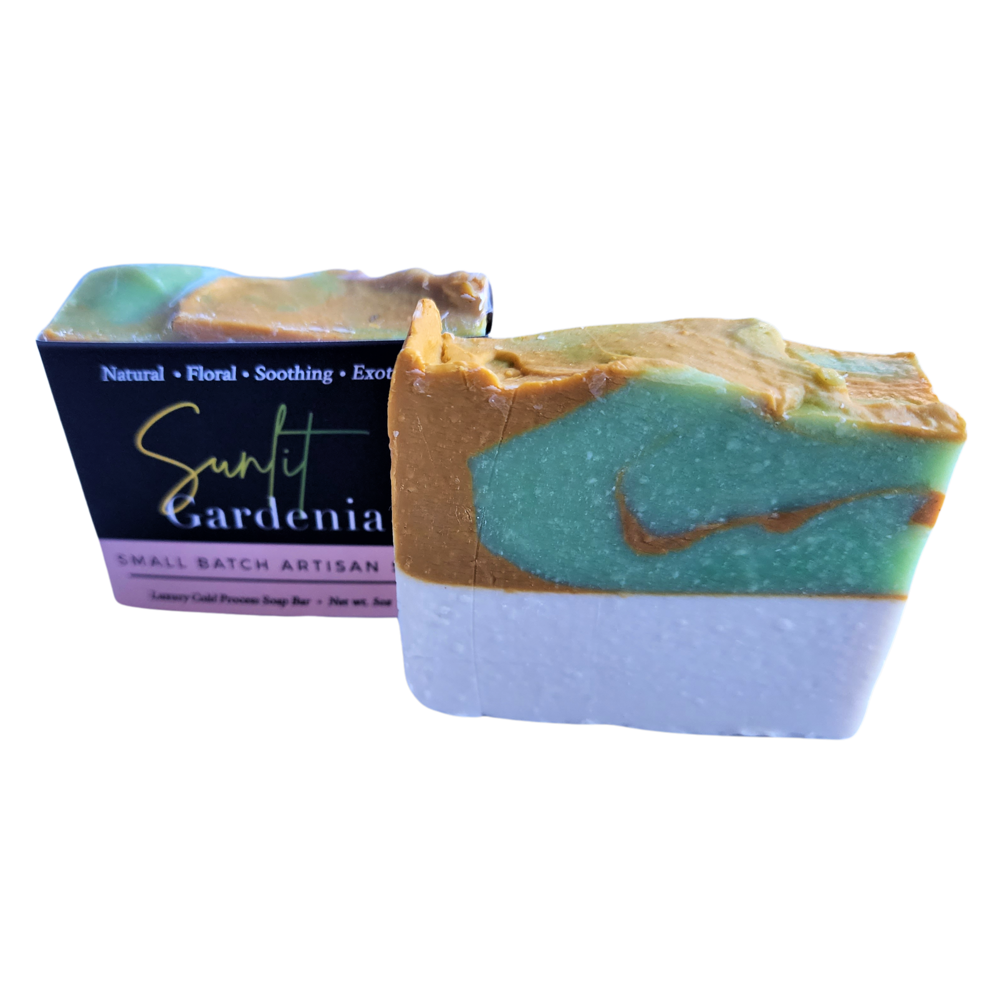Sunlit Gardenia Soap bar with rich green, muted yellow, and white swirls, showcasing its handcrafted beauty and vegan ingredients.