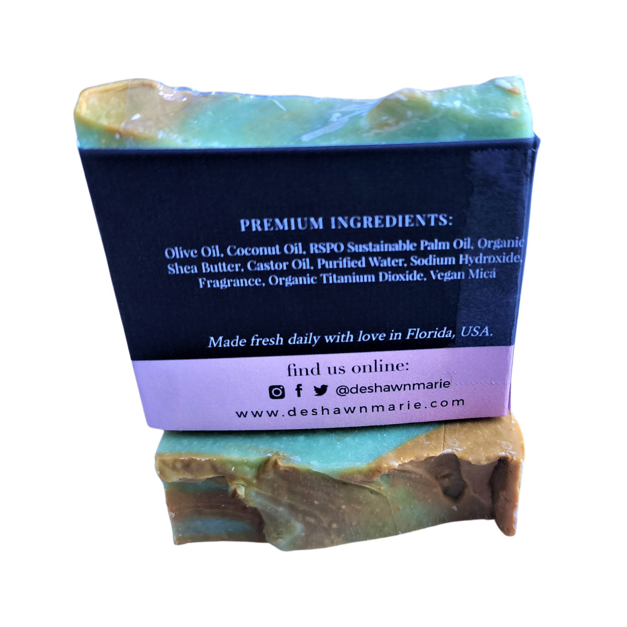 Sunlit Gardenia Soap bar with rich green, muted yellow, and white swirls, showcasing its handcrafted beauty and vegan ingredients.