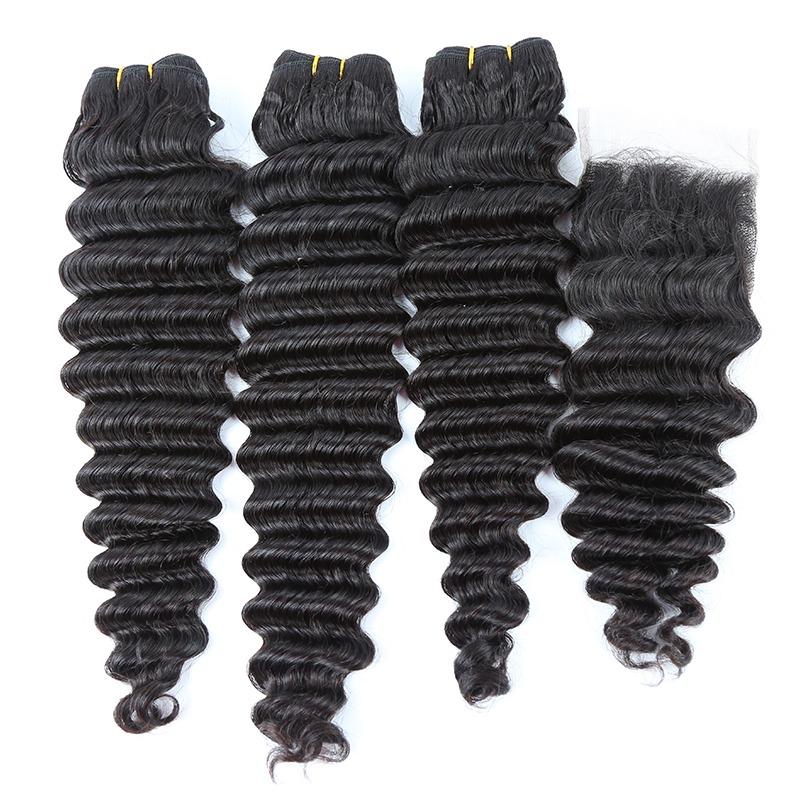 Super Double Drawn 12A Grade Loose Deep Wave Bundles with Lace Closures, showcasing natural color and texture.
