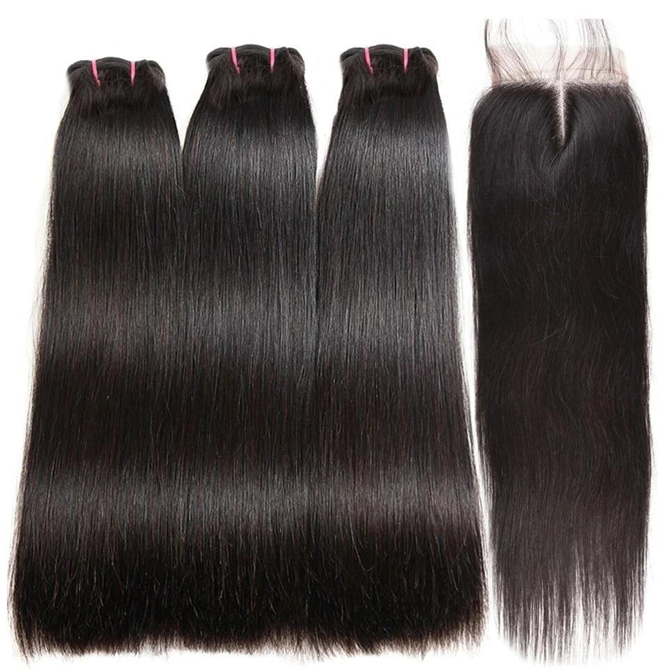 Super Double Drawn 12A Grade Straight Hair Bundles with Closures & Fro, showcasing natural color and high-quality Swiss lace.