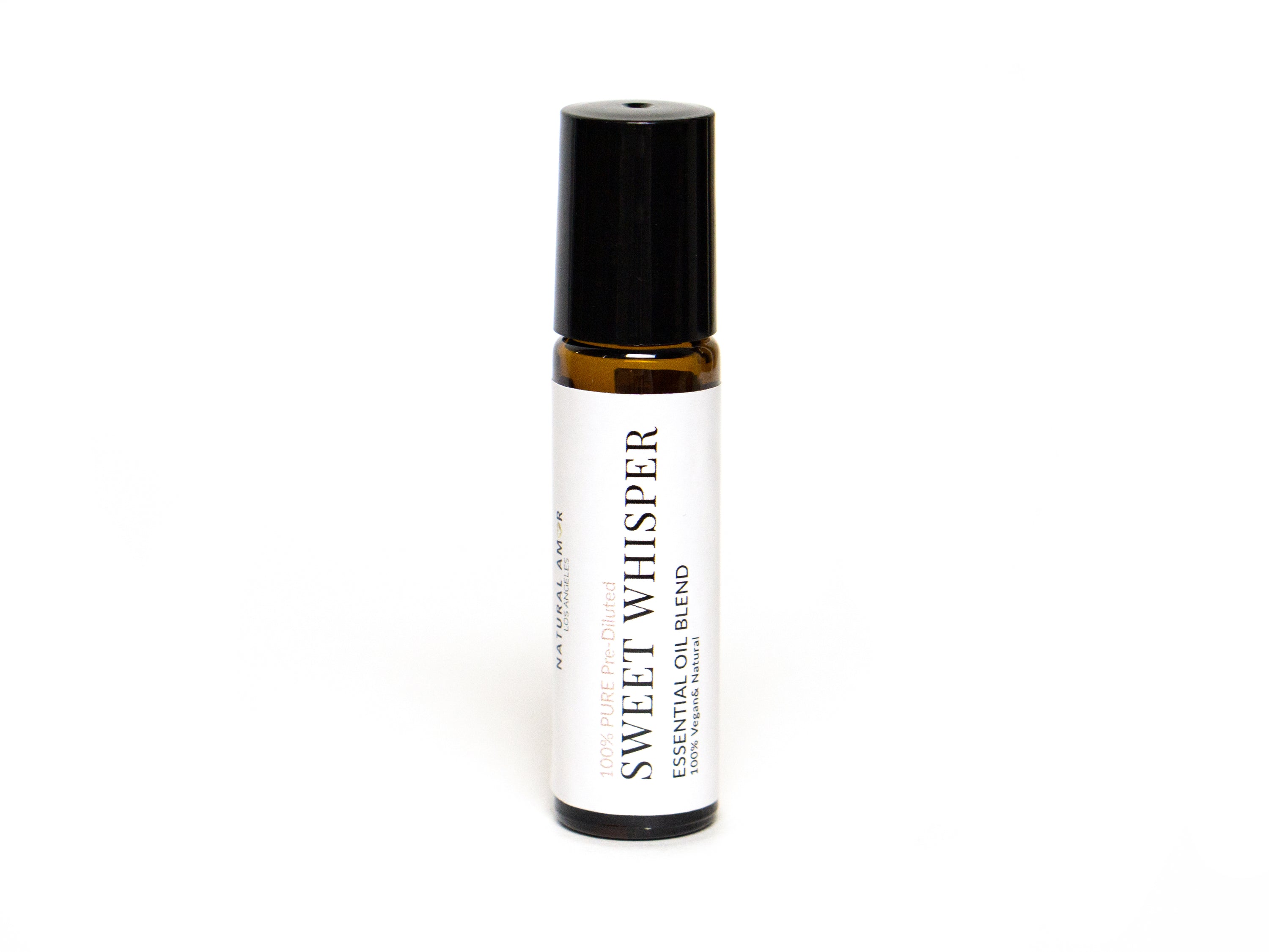 Sweet Whisper Roll On Essential Oil Blend in a 10 mL bottle with a stainless steel rollerball, featuring floral and warm essential oils.