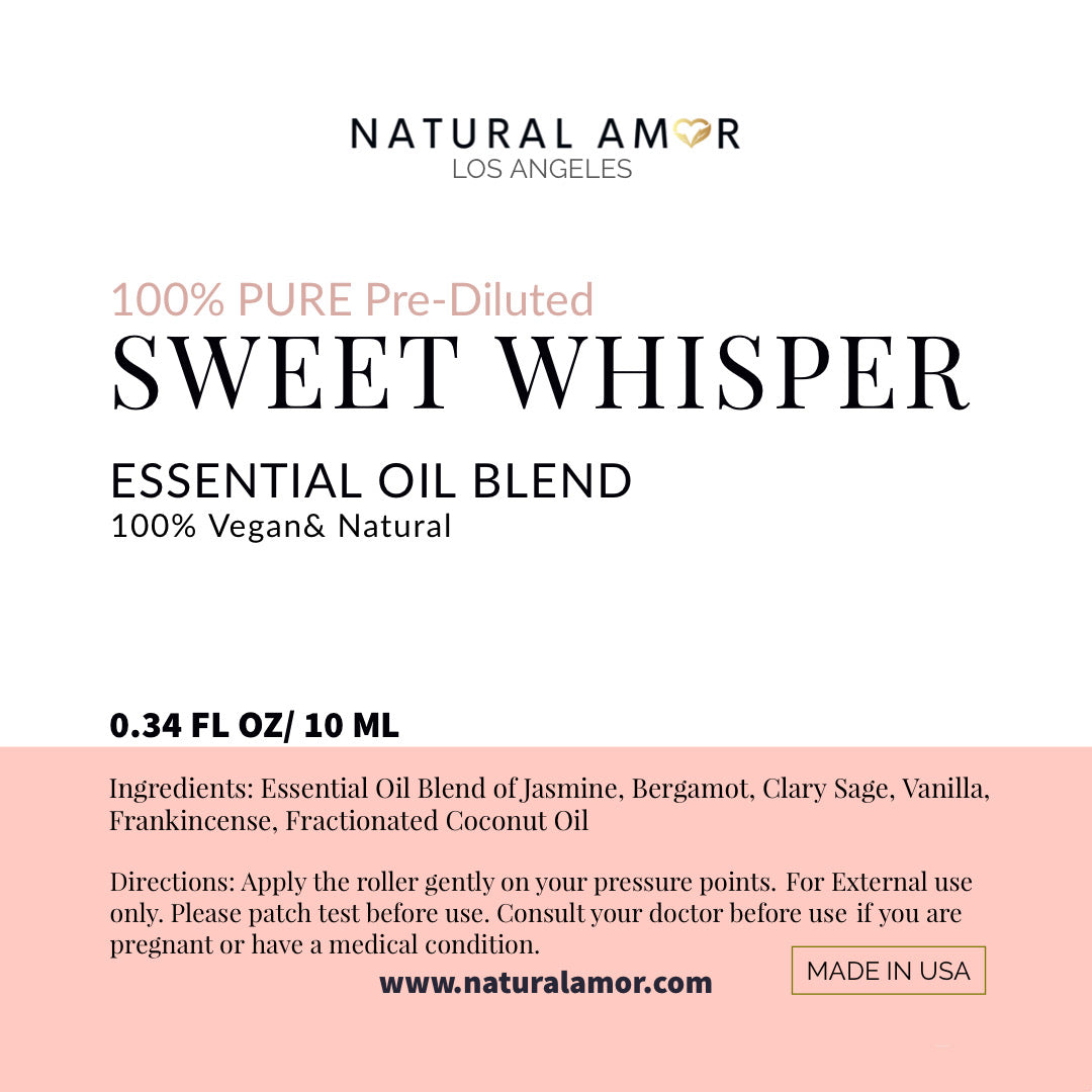 Sweet Whisper Roll On Essential Oil Blend in a 10 mL bottle with a stainless steel rollerball, featuring floral and warm essential oils.