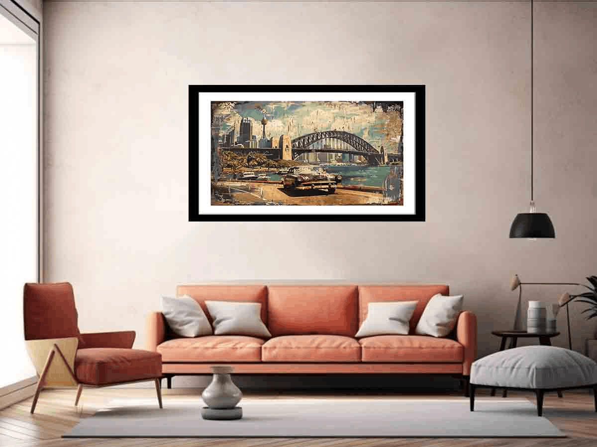 Sydney City Vintage Art framed in black or white, showcasing iconic Sydney landmarks with vibrant colors.